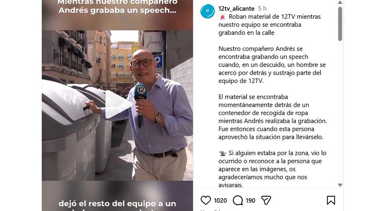 Roban a un equipo de 12TV en pleno directo mientras grababan una noticia en Alicante
