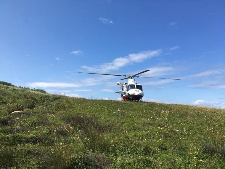 El helicóptero y bomberos rescatan a una vaca caída a un arroyo en Campoo de Suso